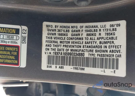 2009 Honda Civic Lx z USA, uszkodzony, nr VIN 19XFA16599E034880